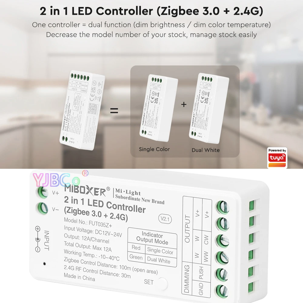 Miboxer 와이파이 듀얼 화이트 싱글 컬러 LED 스트립 컨트롤러, 투야 앱 디밍 CCT 조명 테이프 조광기, 2 인 1 지그비 3.0, 2.4G, 12V, 24V