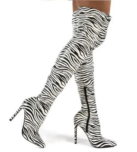 Sexy Women Zebra Print Hidden Zipper Pointed Toe Stiletto Heel Slim Over The Knee Boots Female High Heel Long Botas Shoes Lady