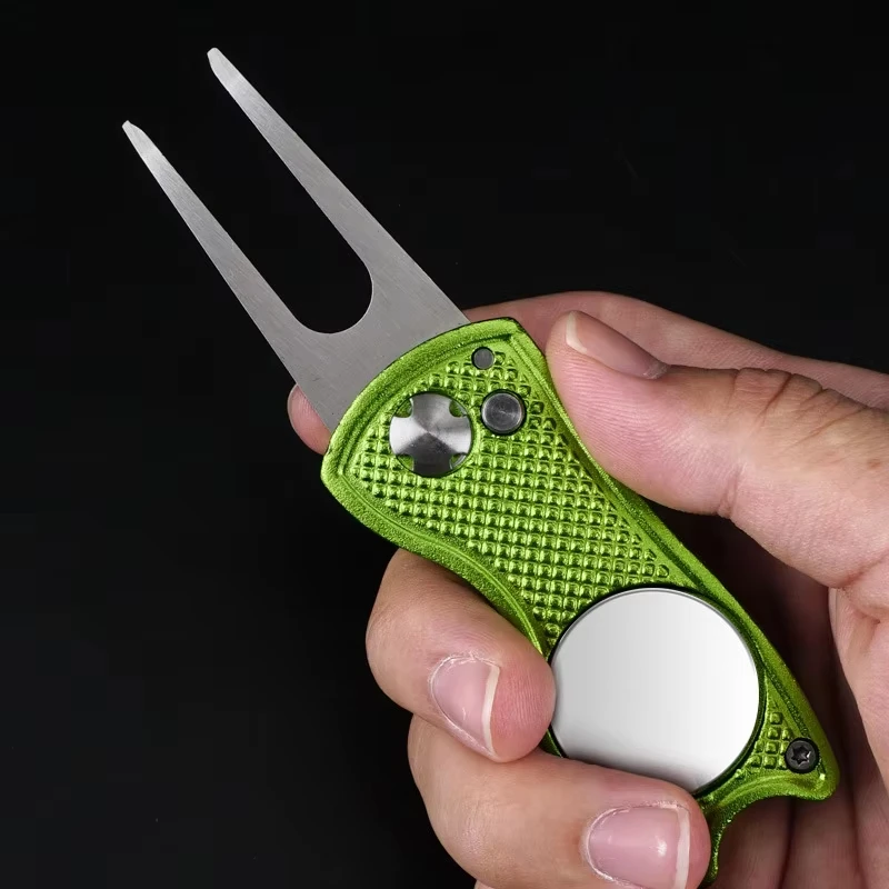 1PC Foldable Metal Golf Turf Repair Tool With Magnetic Ball Marker And Pop-Up Button For Golf Green Fork Golf Tool