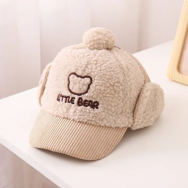 Corduroy Children Fall Winter Hats with Ear Flaps Plush Baseball Cap for Kids Cute Pompom Boy Girl Winter Cap 3-8 Years