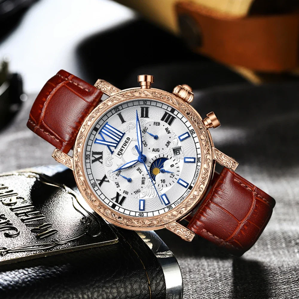 Kinyued Men\'s Luxury Watch Moon Phase Dial Leather Strap Automatic Mechanical Watches Waterproof Luminous Man Wristwatch