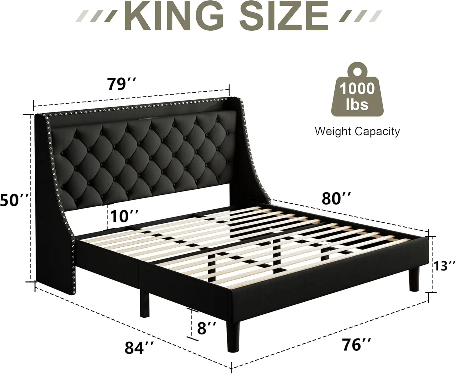 King Size Bed Frame with Luxury Wingback and Fast Charging Station,Upholstered Button Tufted Storage Headboard Platform Bed,Stur