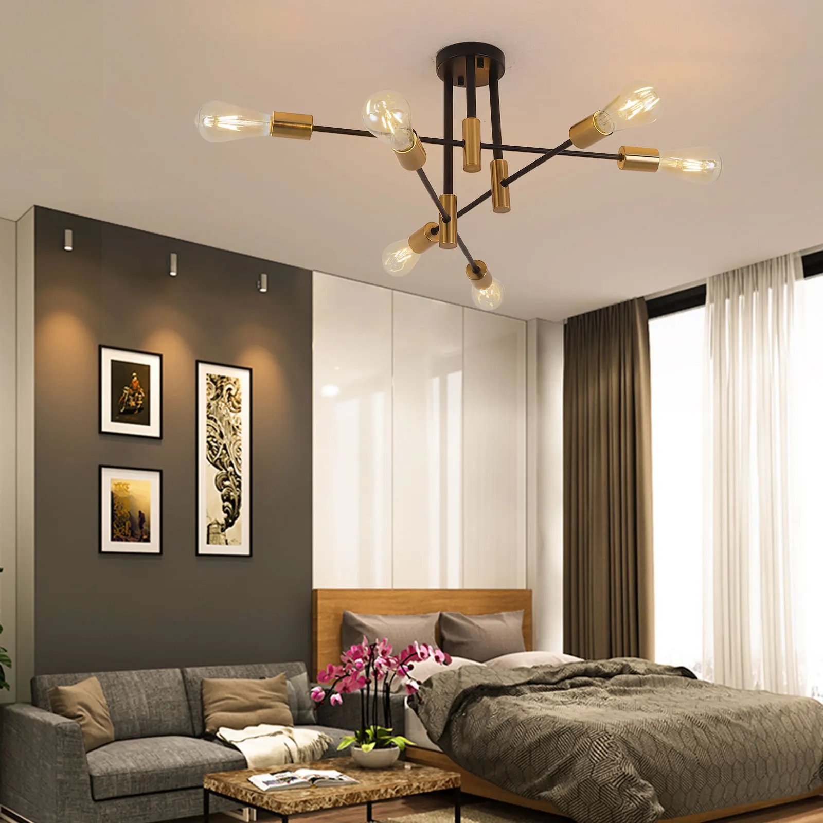 Industrial Ceiling Light LED Semi Flush Mount Hall Chandelier Living Room Metal Lighting Fixture 6-Head Room Decor Lamp