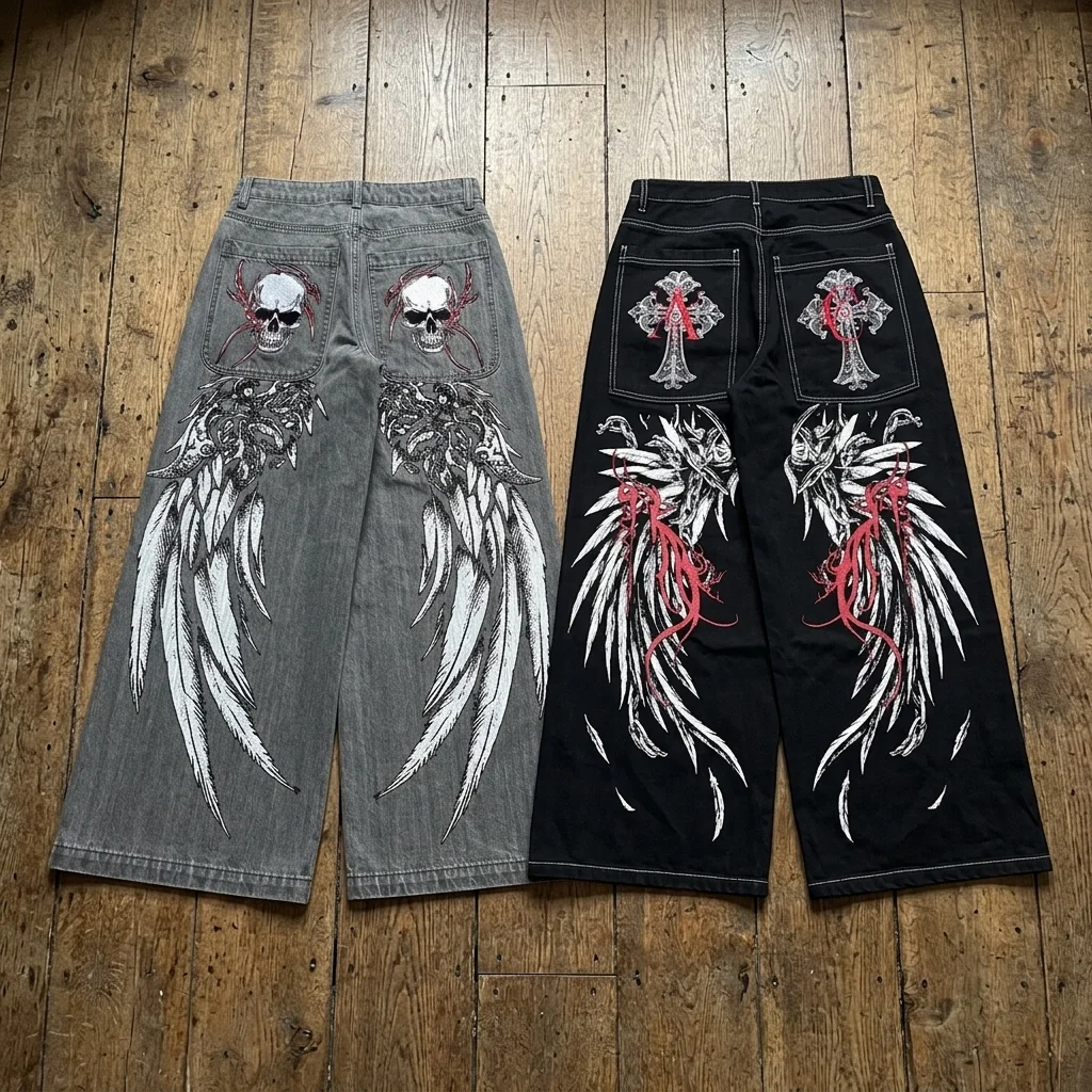 

Y2K Gothic Baggy Jeans Men Women Angel Wings Print Wide Leg Denim Pants Harajuku Streetwear Grunge Skull Oversized Trousers