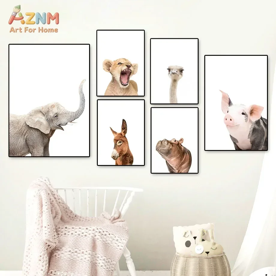 AZNM Minimalist Cute Animal Canvas Print Elephant Lion Ostrich Donkey Hippo Pig Simple White Background Kids Nursery Wall Poster