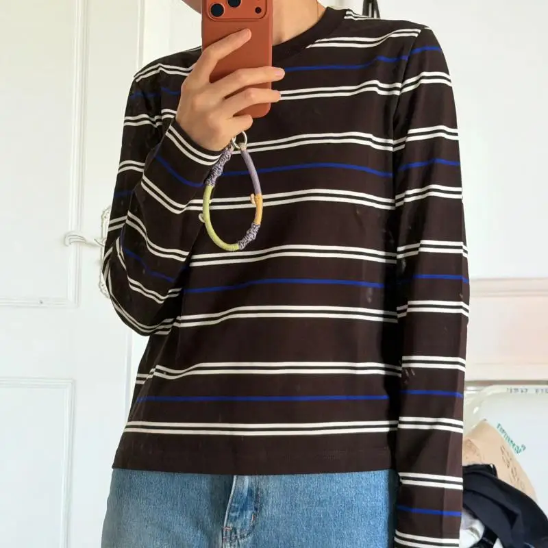 Maxdutti Minimalist Autumn Women's Round Neck Casual Long Sleeved T-shirt Brown striped T-shirt Woman Clothes Female Clothing