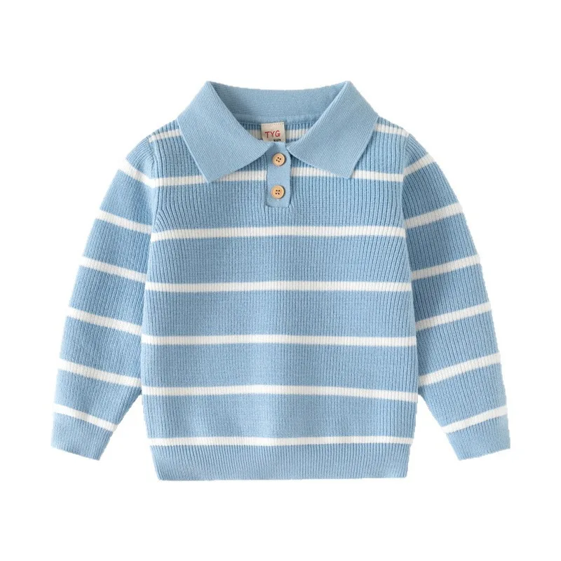 

Boys Single-Layer Knitted Top, Two-Color Striped Pullover Sweater with Turn-down Collar for Autumn Winter, Sizes 100 -140