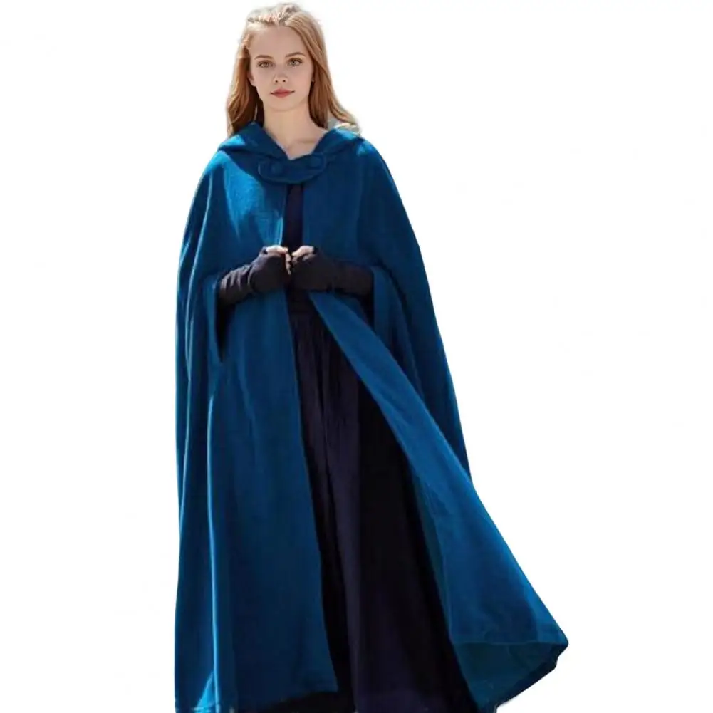 Women Woolen Coat Retro Cape Jacket with Hood Ankle Length Loose Cloak Thick Single-button Closure Outdoor