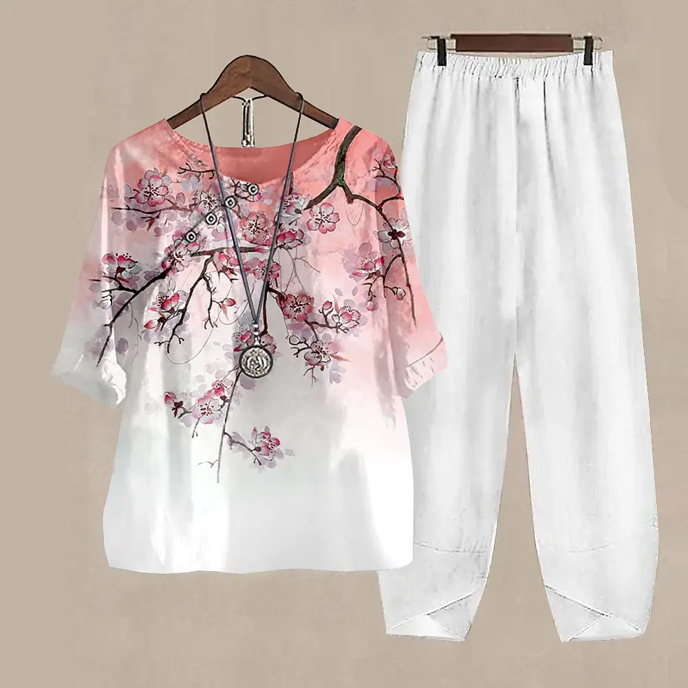 Summer Women Two Piece Sets 3d Print Flower Round Reck Short Sleeve Trousers Suit Vintage Casual Street Oversized Clothing