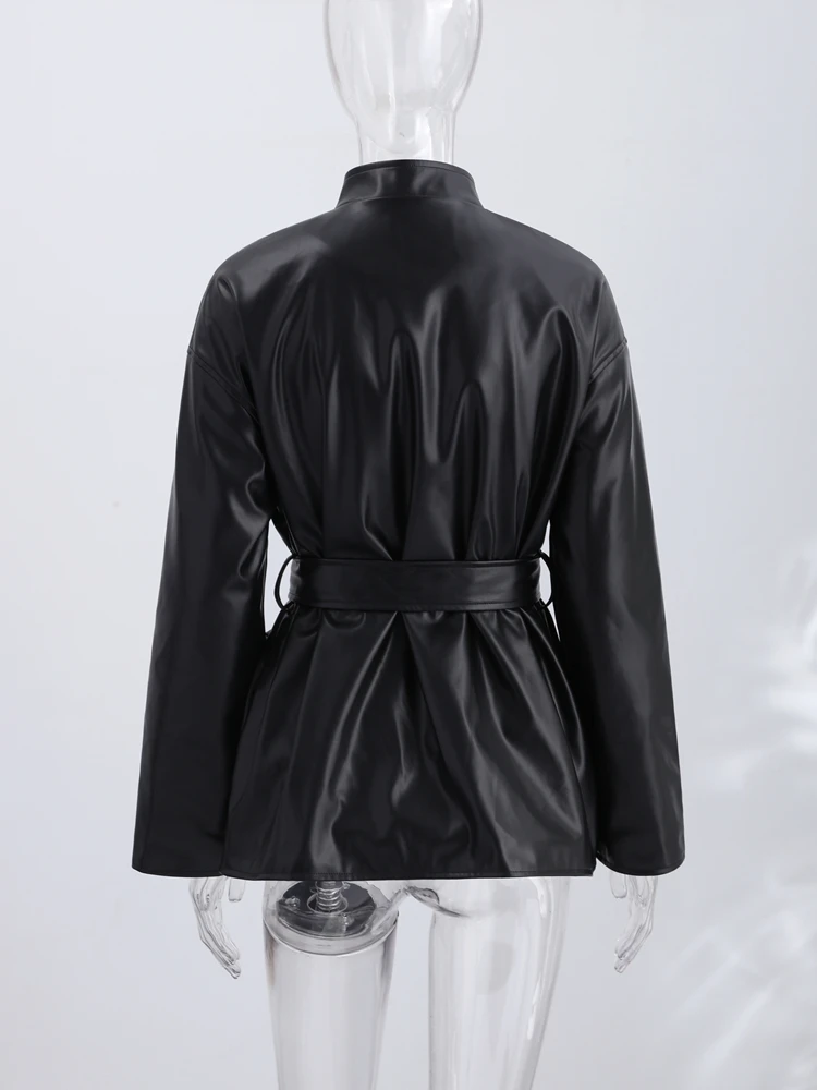 Damen Kunstlederjacken mit Stehkragen, Froschknöpfen und Gürtel, Streetwear, Langarm, Einreihig, Lockere Oberbekleidung – Detail 5