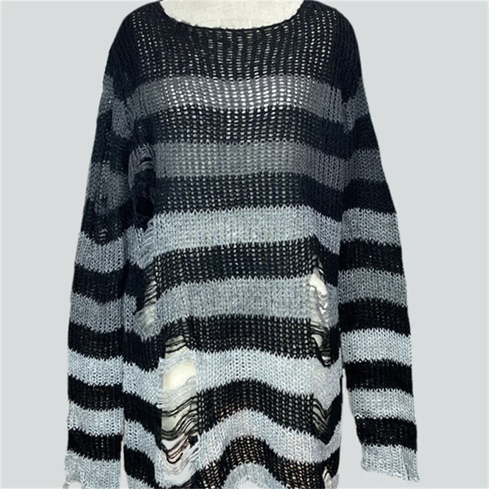 

Свитер в полоску с градиентом, трикотаж в стиле гранж, пуловеры с рваными дырками, готическая уличная одежда, женские свободные вязаные свитера из джерси