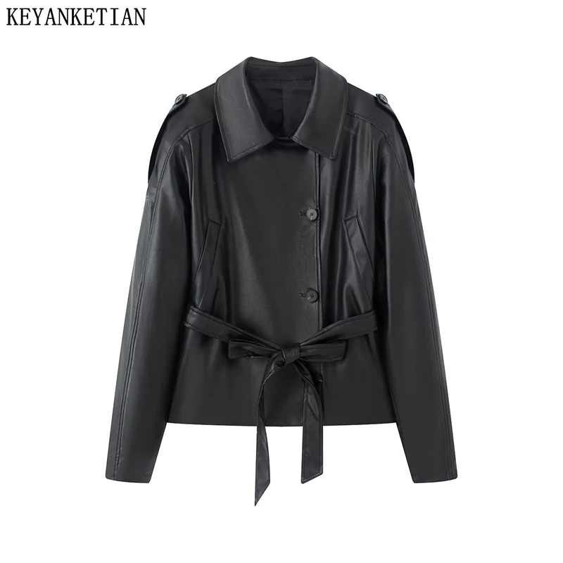 KEYANKETIAN Autumn new women's clothing lapel single breasted shoulder patch lace up faux leather short windbreaker women coat