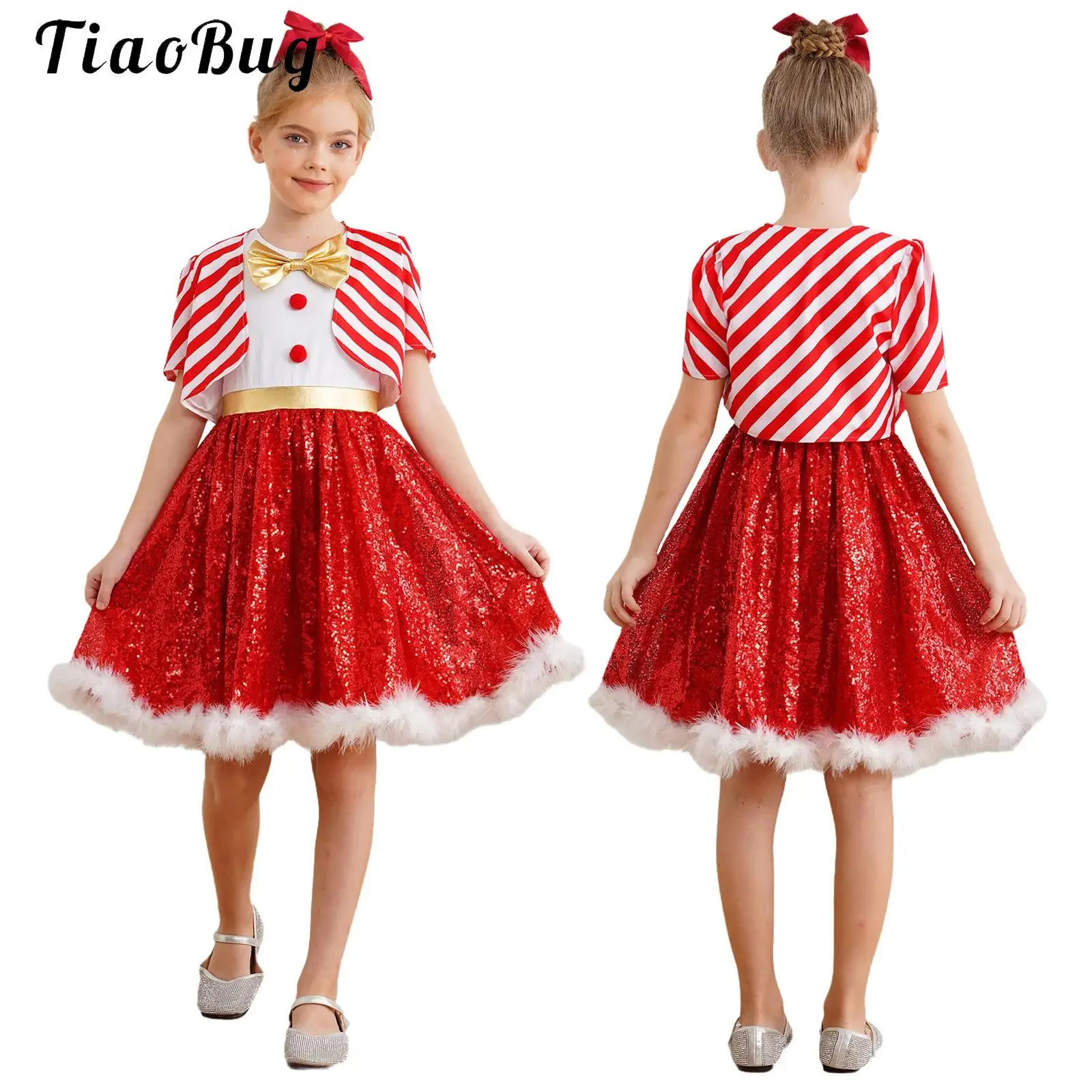 

Kids Girls Candy Cane Striped Sequins Ballet Tutu Dance Dress Cute Princess New Year Party Leotard Dress with Coat Dance Outfits