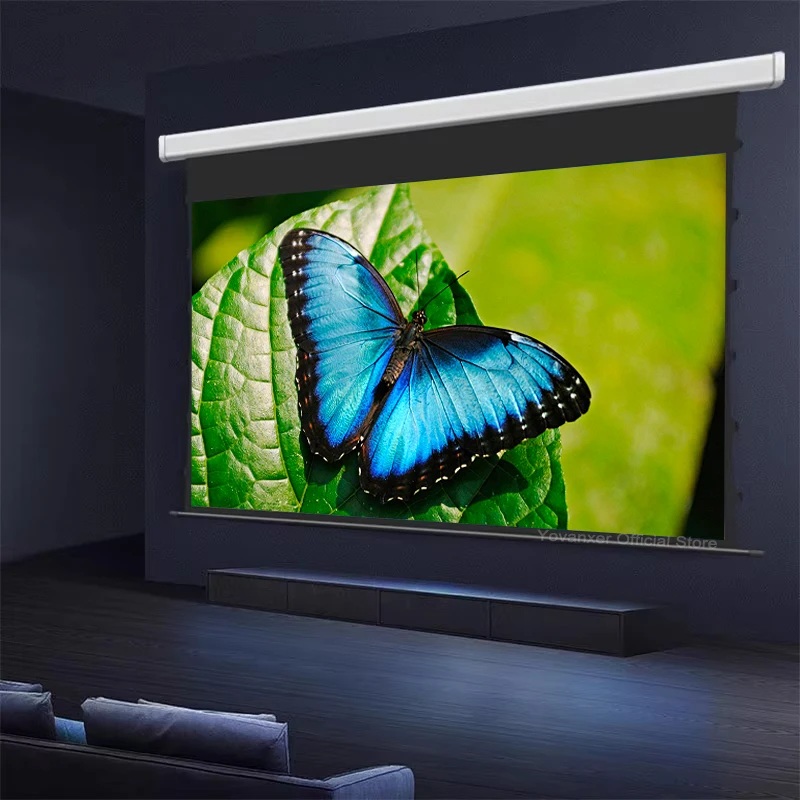 ALR Grey Crystal 60-150 Inch Motorized Tab Tension Projector Screen High Class Four Sided Shell For Long Throw Projectors 4K 3D