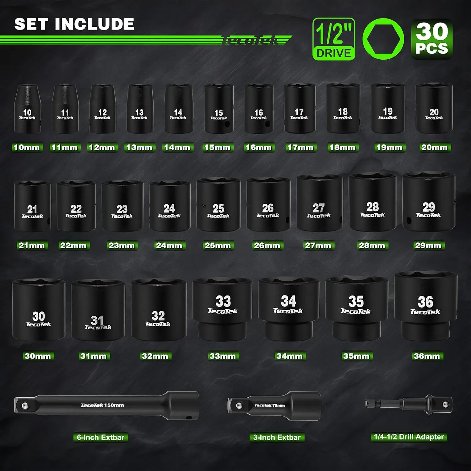 30 Pieces 1/2-Inch Drive Shallow Metric Impact Socket Set, Cr-Mo, 10mm to 36mm, No Skipped Sizes, 6 Point, Includes Extension