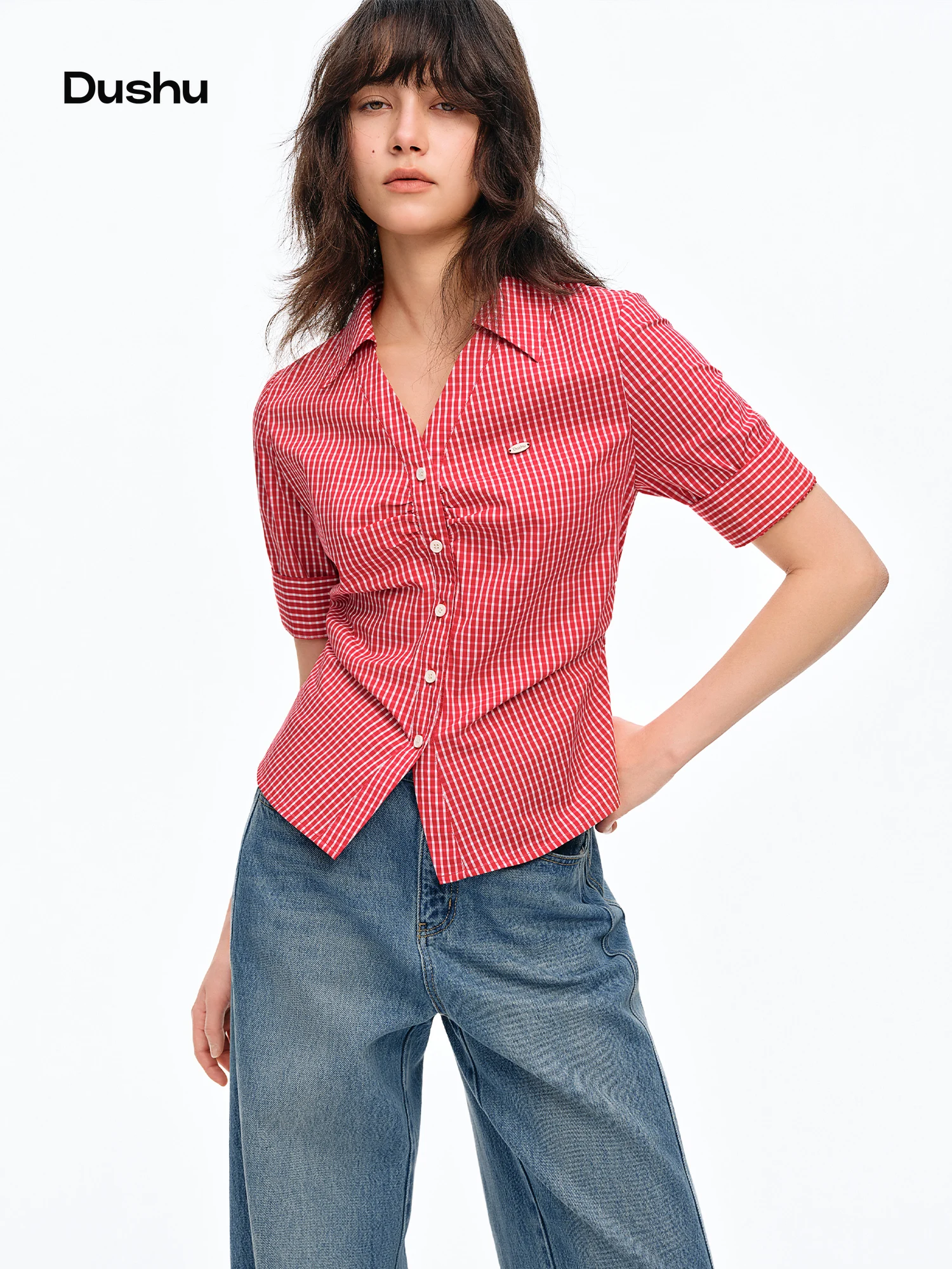

DUSHU Women's Retro Checkered College Style Waist-Cinching Short Sleeve Blouse: Summer 2026 New Arrival Cotton Women Shirts