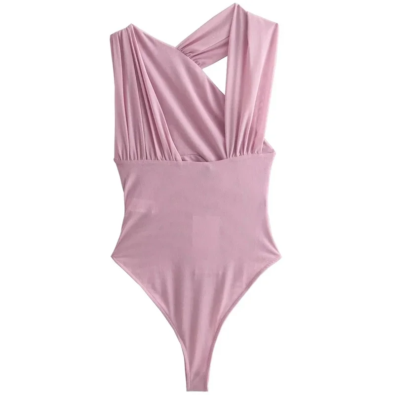 TRAF-bodysuit sem encosto sem mangas para mulheres, malha babada, elegante estilista, primavera e verão