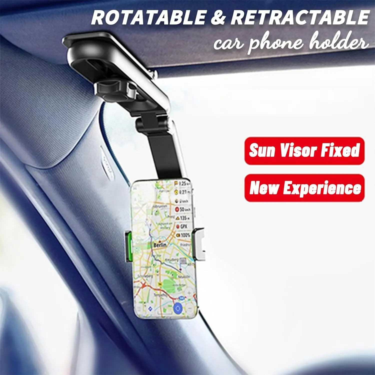 Rotatable and Retractable Car Phone Holder,360° Multifunctional Car Sun Visor Phone Holder Universal Adjustable CellPhone Holder