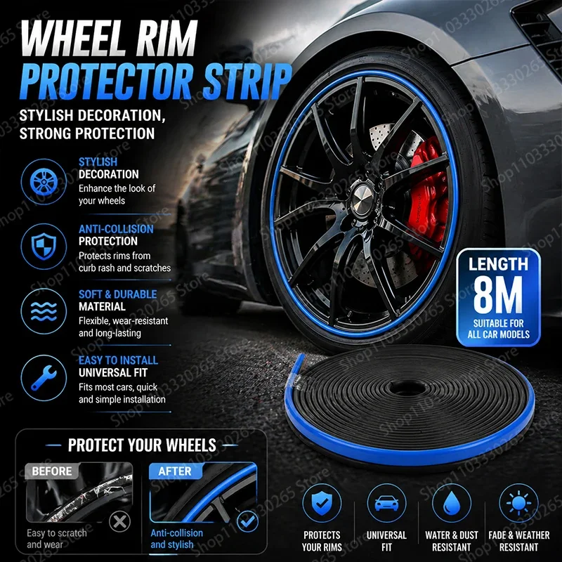 

Wheel Rim Protector Strip – Stylish Decoration for Car Wheels, Anti-Collision, Durable, Universal Fit, Easy Installation