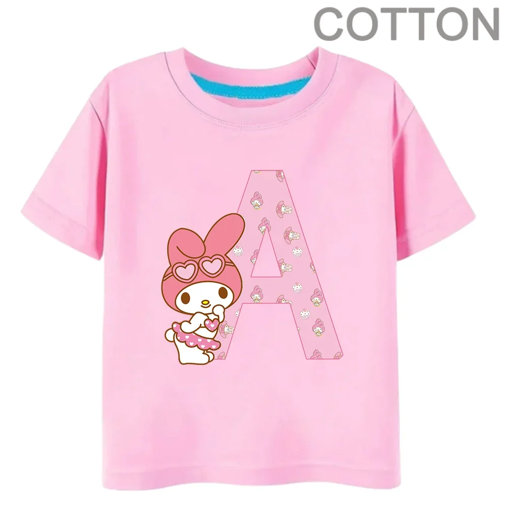 Pink My Melody Anime Letter ABCD Children's Short-sleeved Top Sanrio Summer Cotton T-shirt Girly Heart Soft Kawaii Birthday Gift