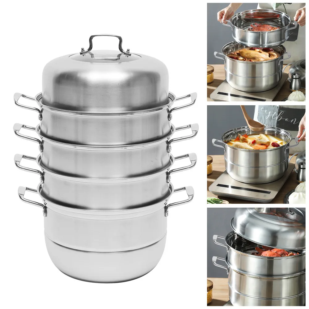 Bymaocar Stainless Steel 5-tier Large Food Steamer Meat Vegetable Cooker Steam Pot Kitchen W/ Lid & Handles for Different Stoves