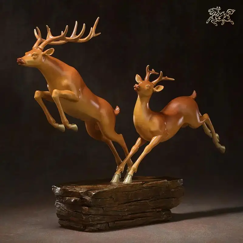 Lage TOP grade Good LUCK Auspicious brass Sculpture Home office Decor ART FU LU SHOU Deers statue BRASS Hand engraving art