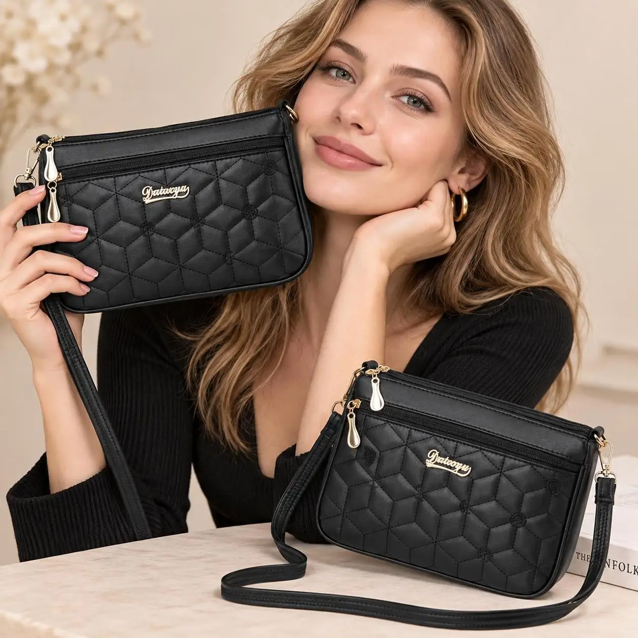 Fashion PU Leather Crossbody Bags Large Capacity Solid Color Messenger Bag Embroidery Thread Shoulder Bag Women