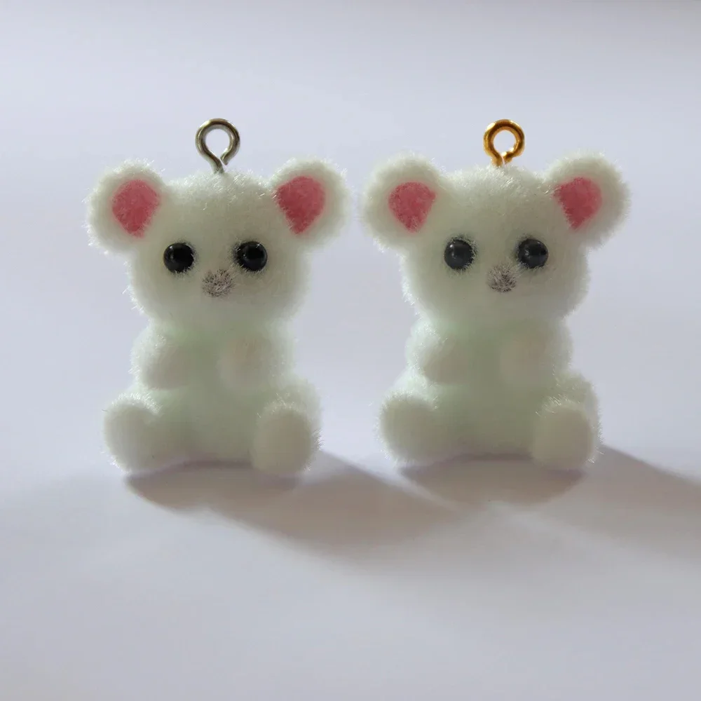 20Pcs 3D Cute Flocked Bear Charms Cartoon Animal Doll Resin Pendant For Phone Bag Keychain Earring Necklace Diy Jewelry Make