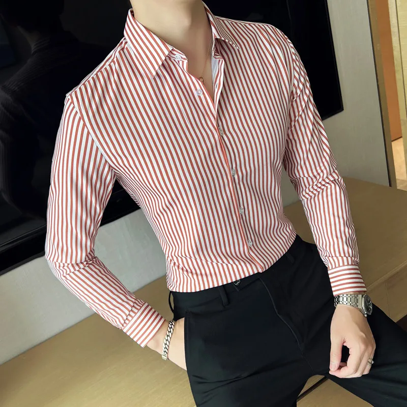 Men Dress Shirt Formal Classic Striped Long Sleeve Shirt Men's Slim Fit Business Non Iron Shirts  Korean Style Casual Blouse 4XL