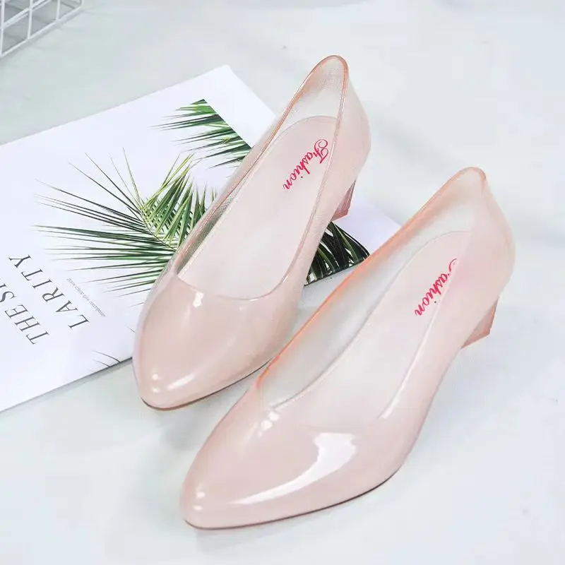 Women\'s Anti Slip Rubber Shoes Transparent And Wear-Resistant Rain Shoes Fashion Jelly Shallow Cut Summer High Heels Water Shoe