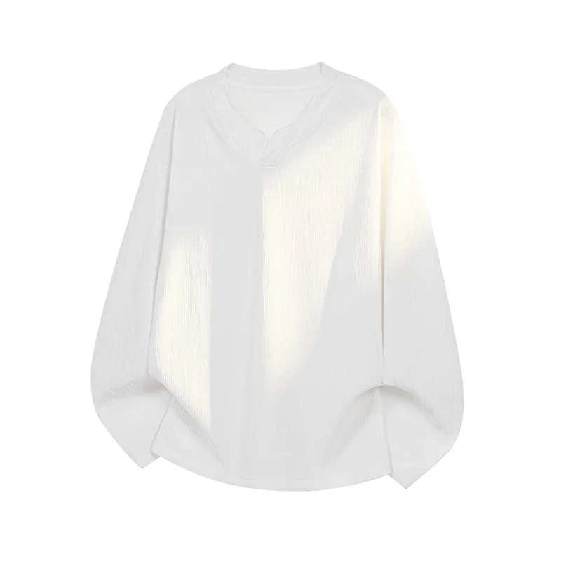 Men Wrinkle Textured Notched V Neck Long Sleeve Top Soft Breathable Fabric For Youth Minimalist Streetwear Fashion