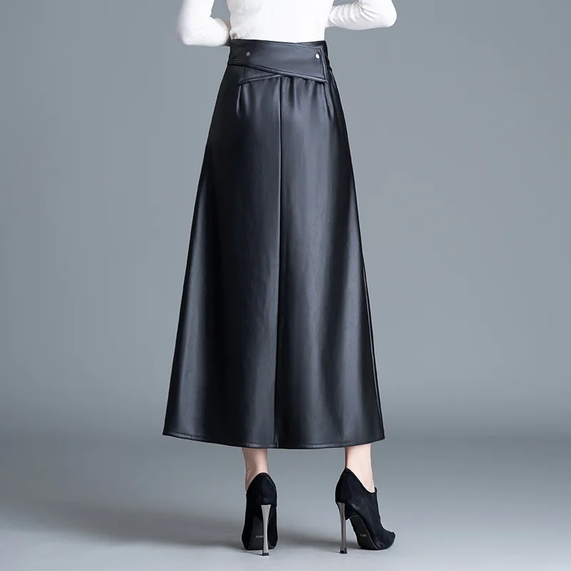 Fashion Big Swing A Word PU Leather Skirt, Women's Autumn and Winter New Korean Version High Waist Casual Long Half Body Skirt