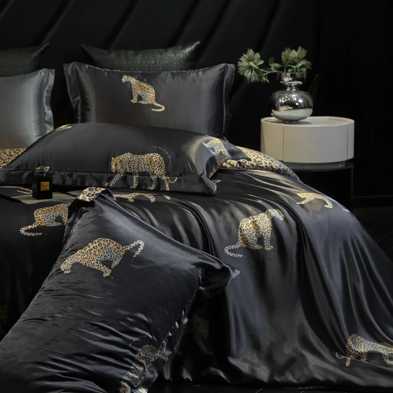 Golden Leopard Print Silky Smooth Cooling Duvet Cover Set,Double Queen Luxury Black Bedding Set Flat/Fitted Bed Sheet Pillowcase