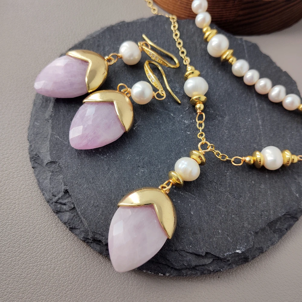 

Y·YING Multi Strands White Pearl Rosary Chain Necklace Real Pink Kunzite Pendant Earrings Set