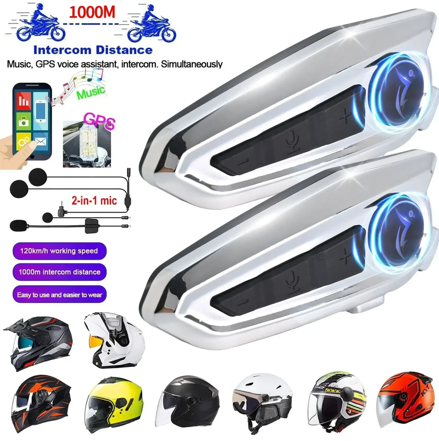 

2024 New Intercom Motorcycle Helmet Bluetooth Headsets 2 Rider Communication Moto 1km Music Sharing FM Radio Biker Interphone