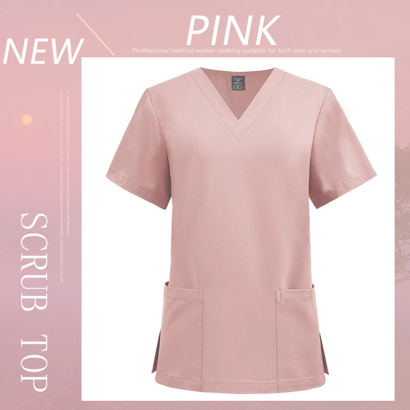 เสื้อสครับสีพื้นสำหรับผู้หญิงและผู้ชาย แขนสั้น มีกระเป๋าเสื้อ เสื้อผ้าสำหรับผ่าตัด คอวี ชุดยูนิฟอร์มทางการแพทย์สำหรับทุกเพศ เหมาะสำหรับทันตกรรม สัตวแพทย์ และศัลยกรรม