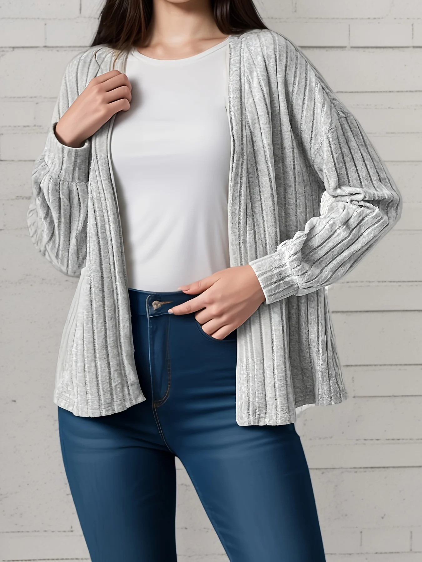

Women's Gray Ribbed Knit Cardigan Casual Open Front Lantern Sleeve Knitted Sweater Coat