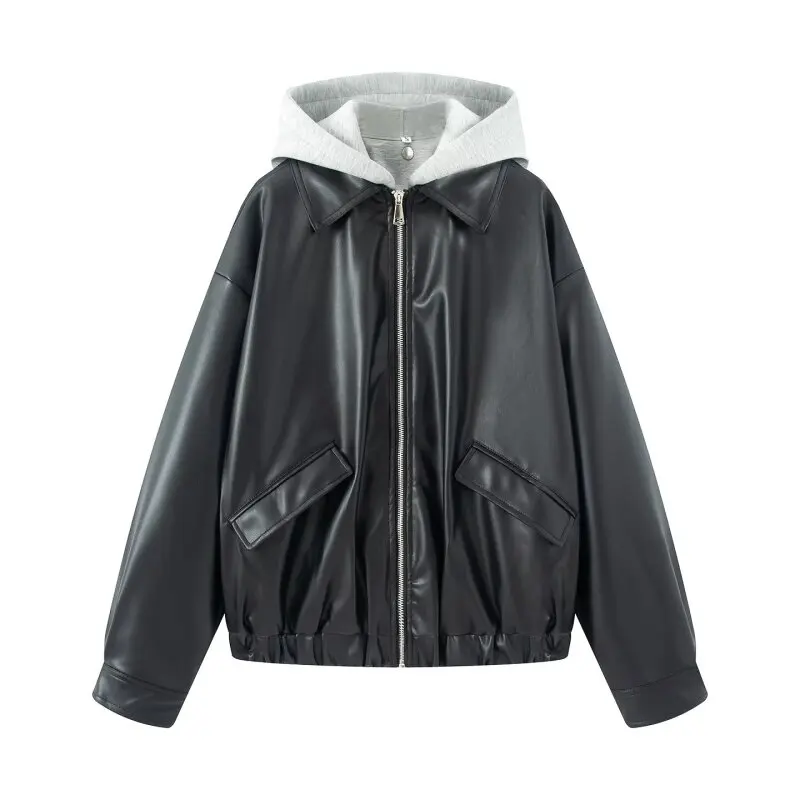 

Women’s Commuter Patchwork Hood PU Leather Jacket - Office Faux Leather Coat - Professional Spliced Biker Jacket