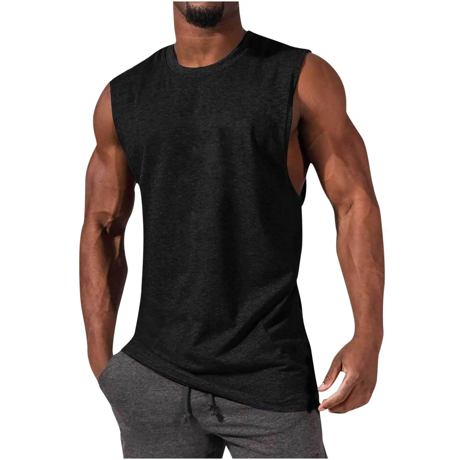 

Summer Loose Vests Casual Men O-Neck Sleeveless Solid Color Sporty Cycling Tank Shirt Tops Fashion Sports Quick Dry Material Top