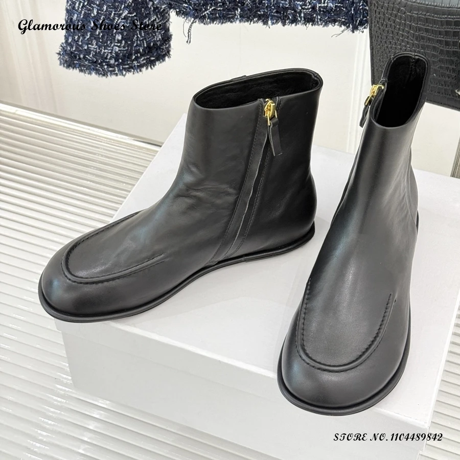 

Повседневные ботильоны из натуральной кожи, женские ботильоны с круглым носком на плоской подошве, лаконичная обувь, весенне-осенние модные однотонные ботильоны на молнии сбоку