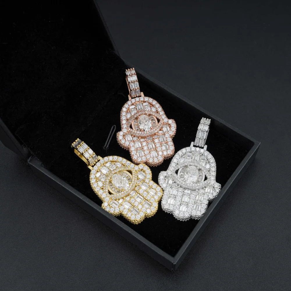 Hiphop Iced Out 5a Zircon Hamsa Hand Pendant for Men Yellow Gold Plated Cubic Zirconia Fatima Pendant Necklace Birthday Gift