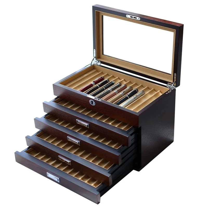 Wooden high-grade pen box storage display case Large capacity famous pen collection box Flannel lined with 60 display boxes