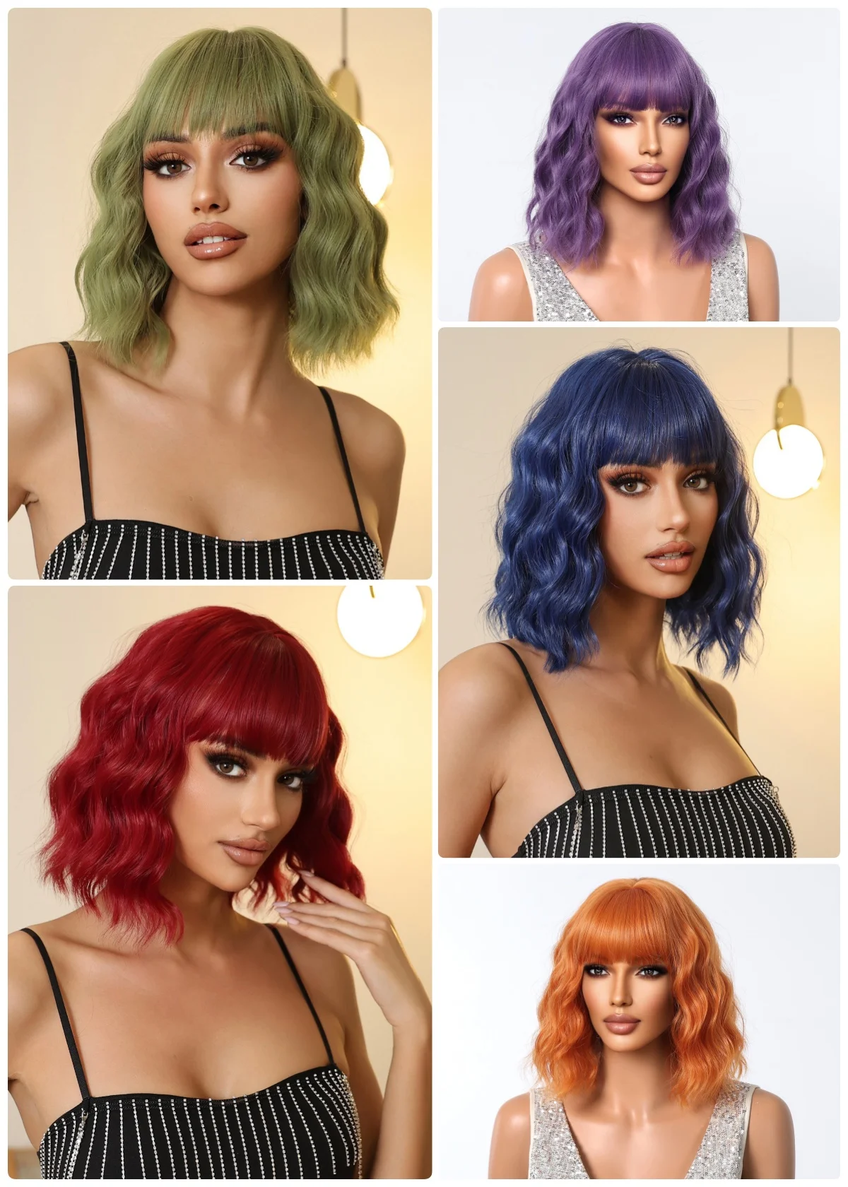 Peruca sintética bob curto com franja para mulheres negras, resistente ao calor, cabelo natural, azul, colorido, ondulado, uso, cosplay