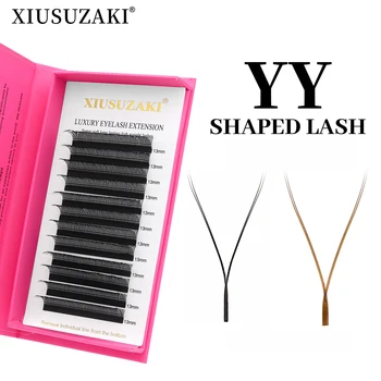 Xusuzaki yy forma preto marrom cílios extensões dois dicas 2d yy cílios postiços natural pré-fabricado volume fãs cílios individuais