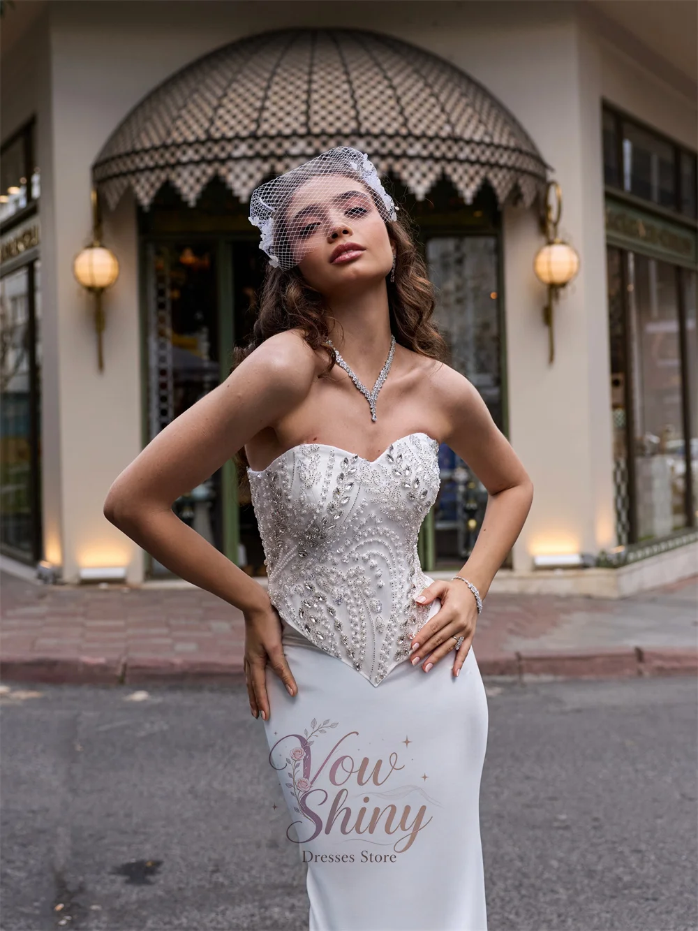 Vow Shiny Sweetheart Mermaid Wedding Dress Sparkling Beaded Satin Bridal Gown With Scarf Floor-Length Bride Dresses Customized