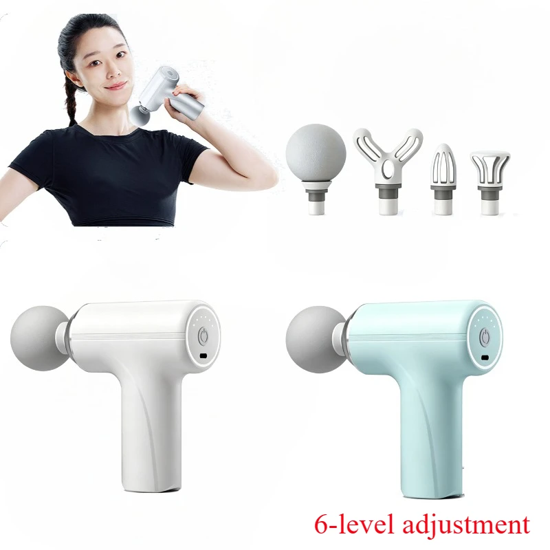Mini Powerful Electric Fascia Gun 4 Massage Heads Rechargeable Shoulder Back Neck Waist Leg Massage Gun 6 Level Adjustment