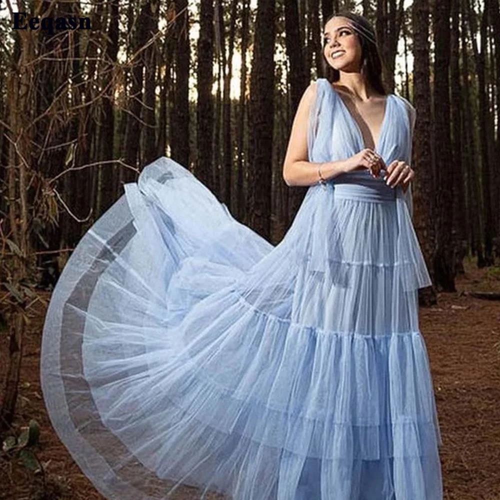 Eeqasn Light Blue Tulle Saudi Arabic Evening Dresses V Neck Tiered Women Formal Party Dress Long Pageant Gowns Robe de mariage