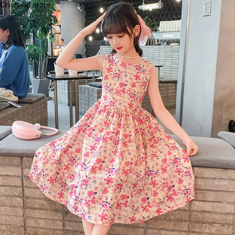 Girls Summer Floral Bohemian Princess Dress Children Flowers Tutu Maxi Dress Kids Sweet Cotton Jumper Skirt 2-Colors 4-13 Years