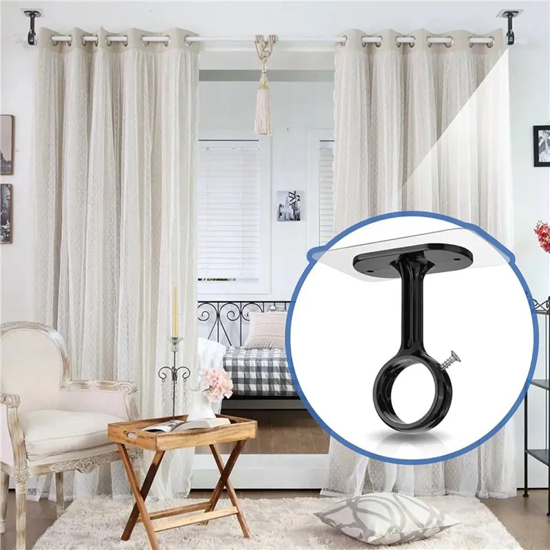 AT63-12 Pack No Drill Ceiling Mount Rod Brackets, Heavy Duty Self Adhesive Holders, Adjustable Hooks Hanging Black