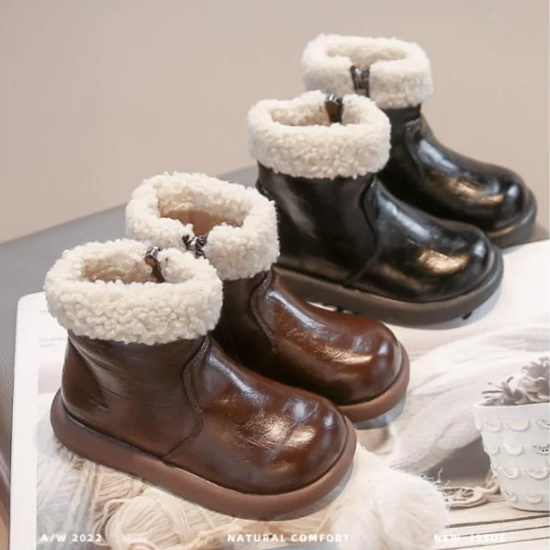 

Kids Warm Fluffy Leather Boots for Toddler Girls 2025 New Winter Kids Glossy Ankle Boots Non-slip Versatile School Party Boots